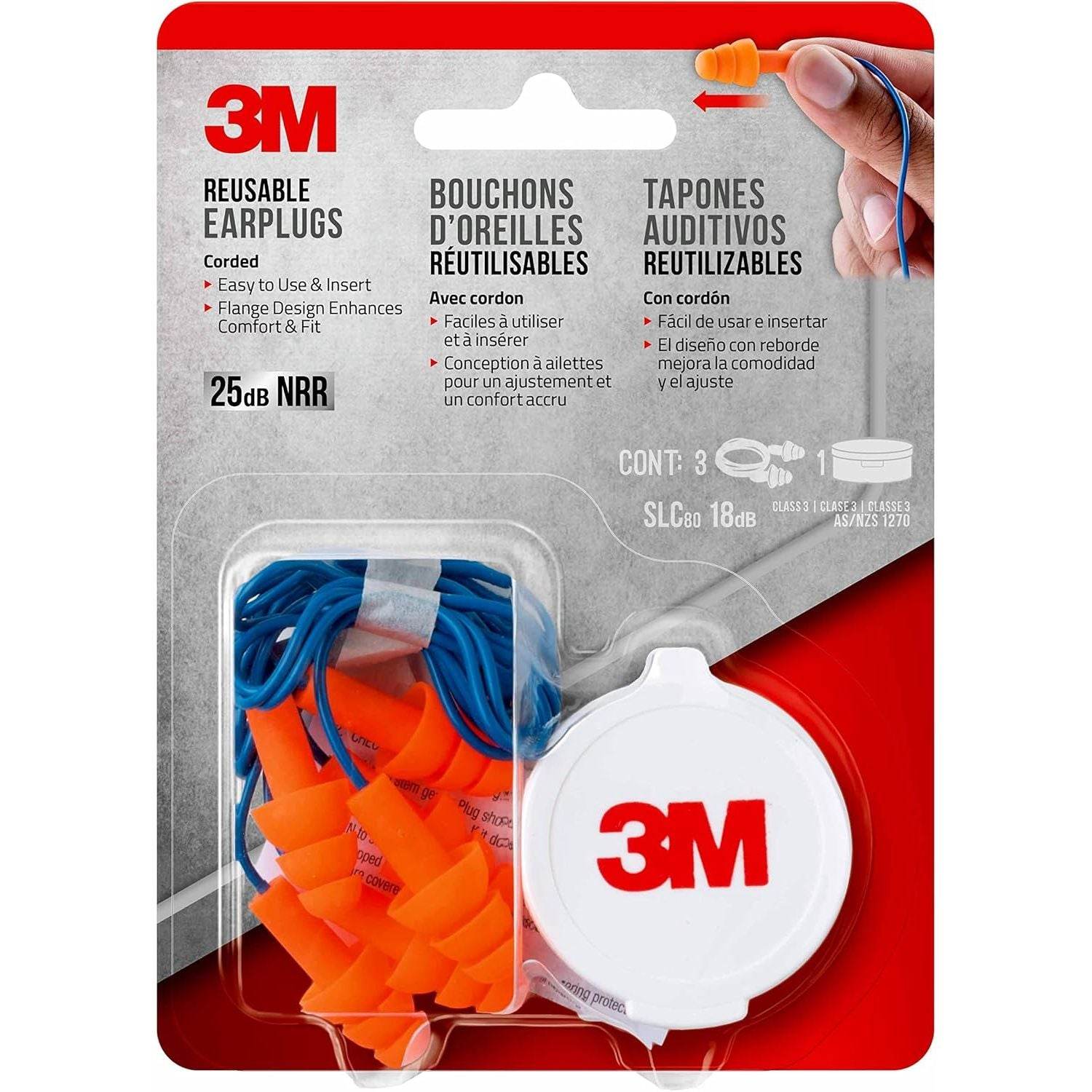 3M Corded Reusable Earplugs, 3 Pack, Noise Reduction Rating (NRR) 25 dB, Easy To Use & Insert, Pliable & Tri-Flange Design Enhances Comfort & Fit, Orange Ear Plugs (90716H3-DC) - My Store