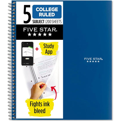 Five Star Spiral Notebook + Study App, 5 Subject, College Ruled Paper, 8-1/2" x 11", 200 Sheets, Fights Ink Bleed, Water Resistant Cover, Amethyst Purple (38748)