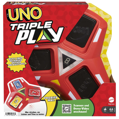 Buy now UNO Triple Play Card Game with Card-Holder Unit with Lights & Sounds & 112 Cards, Kid, Teen & Adult Game Night Gift Ages 7 Years & Older, HCC21 at indiglob india