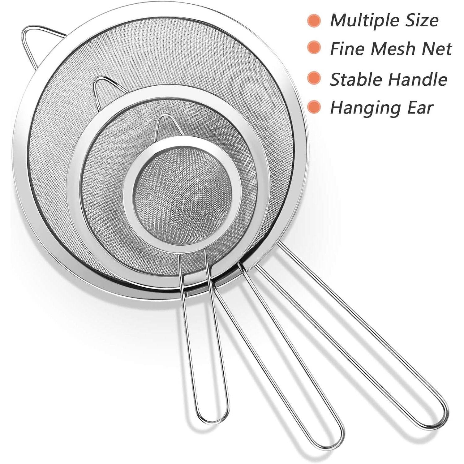 3Pcs Super Wire Extra Fine Mesh Strainer with Handle, Small Medium Large Size Sifter Metal Strainer Set, Stainless Steel Sieve Fine Mesh Strainers for Kitchen Rice Juice Quinoa Food Flour Baking YLYL - My Store