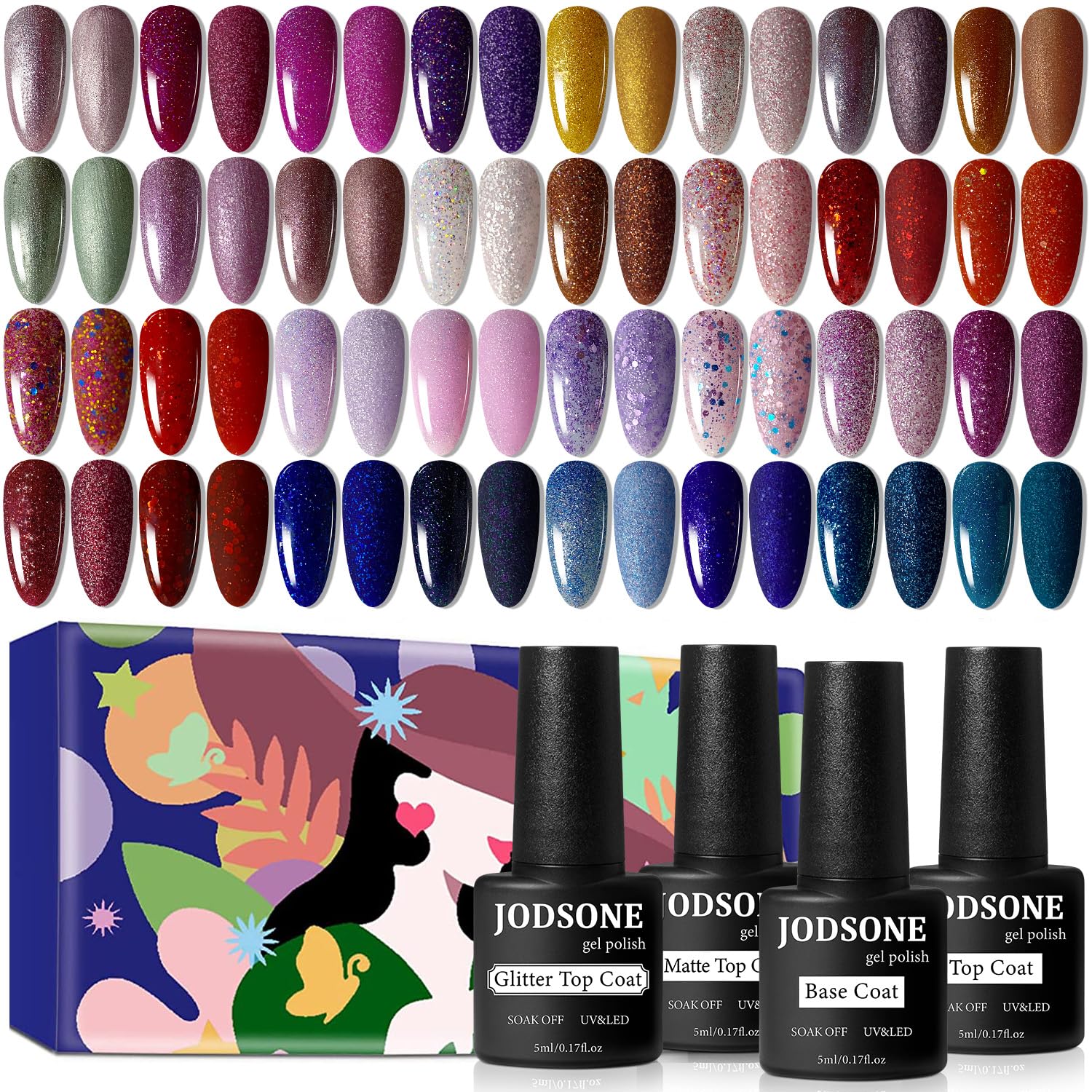 Buy now JODSONE 36 PCS Gel Nail Polish Set-32 Colors Gel Polish Kit Base Coat Glossy Matte and Glitter Top Coat Nail Polish Set Green Blue Red Pink Collection Gifts for Women 32SET-12-A at indiglob india