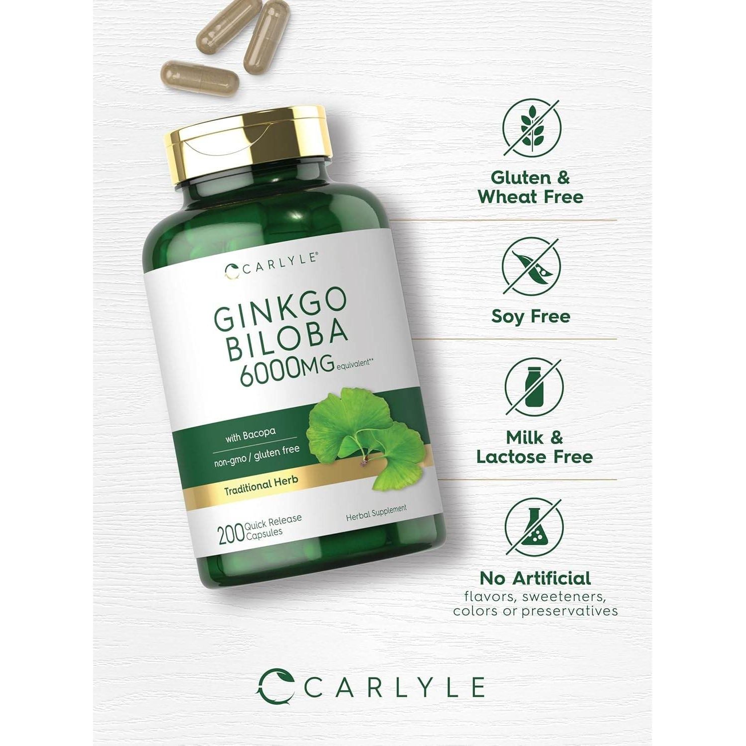 Carlyle Ginkgo Biloba Pills | 6000mg | 200 Capsules | with Bacoba Extract | Extra Strength, Non-GMO and Gluten Free Herbal Supplement - My Store