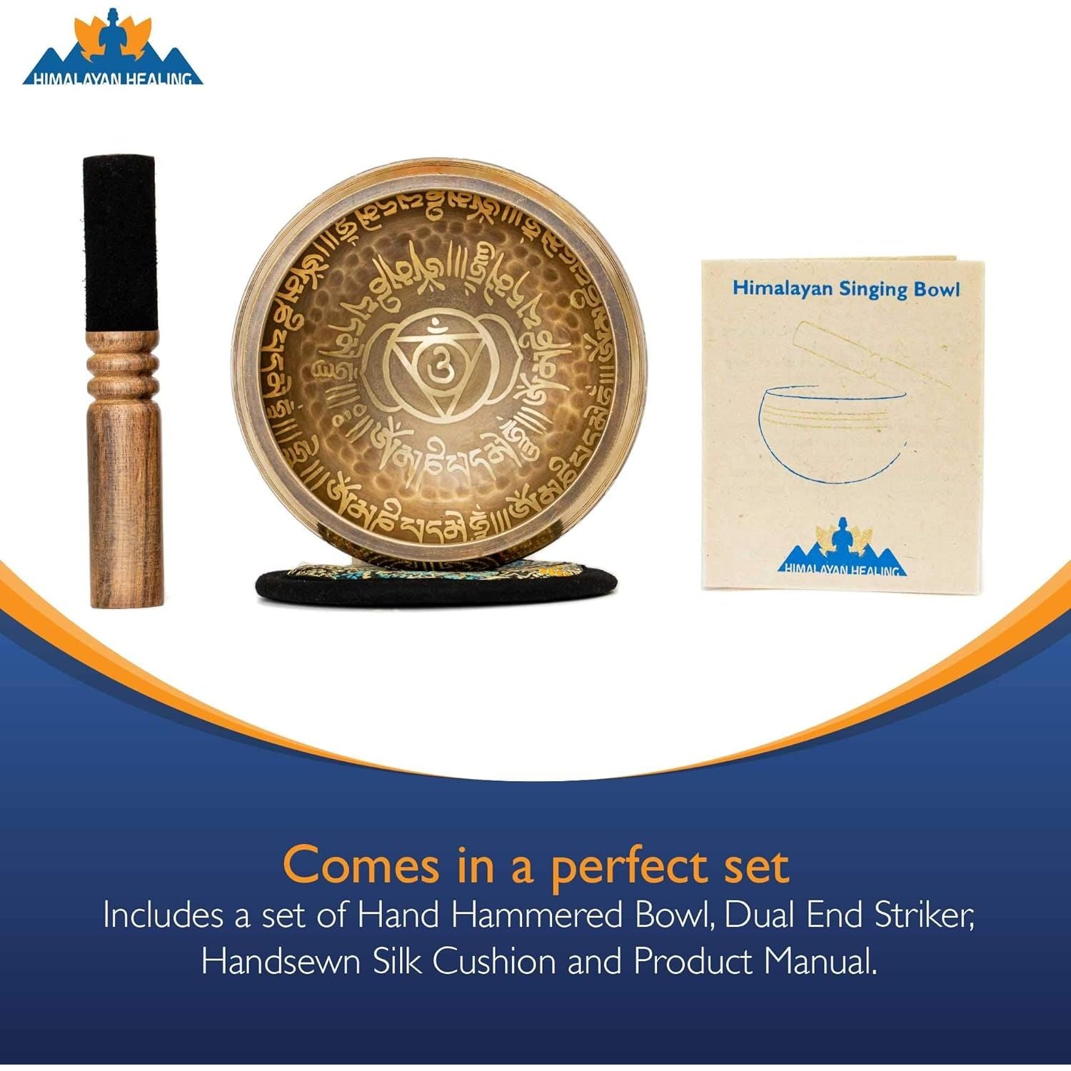 Buy now Tibetan Singing Bowl Set 4.2 inch with Holy Buddhist Mantra and Sacred Third Eye Symbol from Nepal~ Antique design suitable for Yoga, Meditation, Sound Healing & Chakra Balancing~ (4.2 Third EYE) at indiglob india