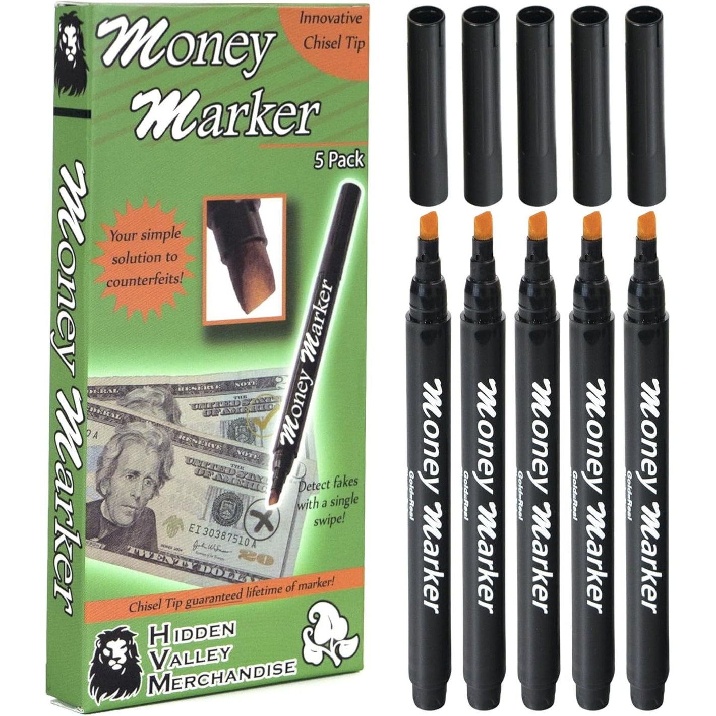 HVM Counterfeit Money Detector Pen (5 Counterfeit Pens) - Money Marker Bill Detector Pen with Upgraded Chisel Tip - Detect Fake Bills, Universal False Currency Checker Pack