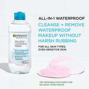 Buy now Garnier Micellar Water for Waterproof Makeup, Hydrating Facial Cleanser & Makeup Remover, Suitable for Sensitive Skin, Vegan, Cruelty Free, 13.5 Fl Oz (400mL), 2 Count at indiglob india