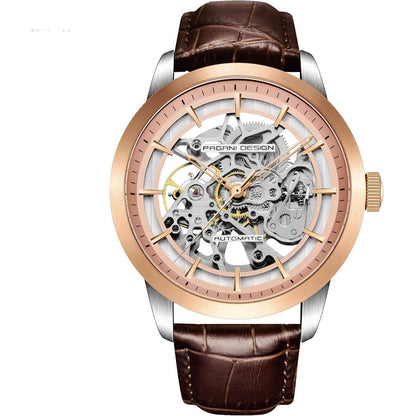 Automatic Mens Watches Skeleton Mechanical Wrist Watch for Men Waterproof Genuine Leather Watchband Luxury Self-Winding Stainless Steel Analog Watch for Men Collection (Brown Gold 1638) - My Store