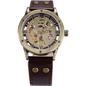 Vintage Bronze Roman Automatic Mechanical Men's Skeleton Brown Leather Strap Wrist Watch PMW362