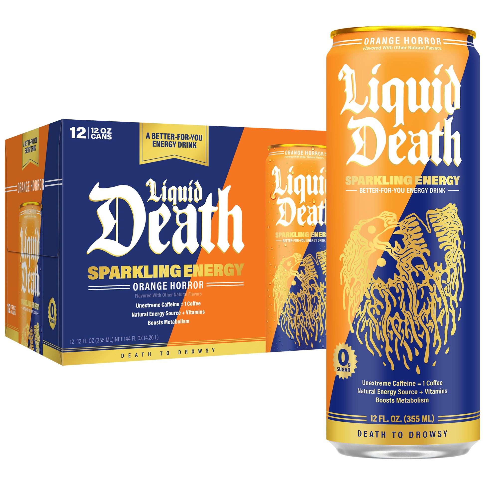 Buy now Liquid Death Sparkling Energy - Tropical Terror (Classic Piña Colada), Zero Sugar Energy Drink, Unextreme Caffeine 100mg, Essential Vitamins, 12 Fl Oz (Pack of 12) at indiglob india