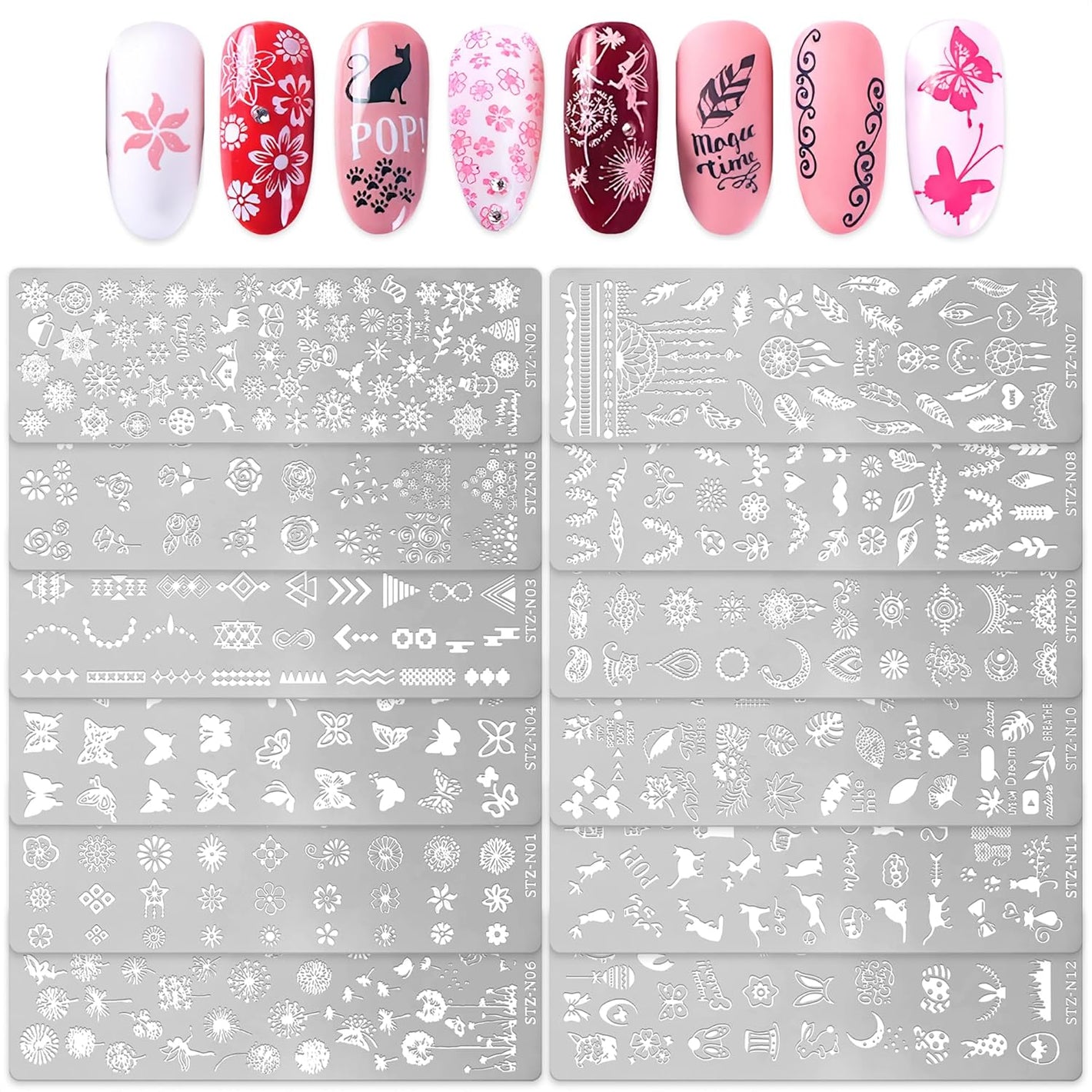 Gel Polish Design Nail Art Stamper - 12Pcs Stamp for Nails Plate Set Stamp Tool for Nails Flower Beauty Butterfly Stamps for Slow Drying Nail Polish - Manicure Set Art Kit