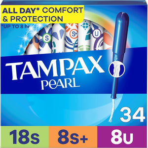 Tampax Pearl Tampons Multipack, with LeakGuard Braid, Super/Super Plus/Ultra Absorbency, Unscented, 34 Count