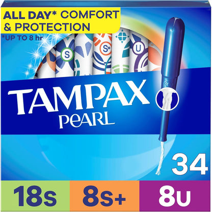 Tampax Pearl Tampons Multipack, with LeakGuard Braid, Super/Super Plus/Ultra Absorbency, Unscented, 34 Count