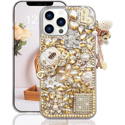 Guppy for iPhone 14 Pro Max Bling Glitter Case,Luxury Diamond Rhinestone Gemstone 3D and Flower Gemstone Pumpkin Car Tower Pendant Pearl Soft TPU Back Cover Case for Women Pink