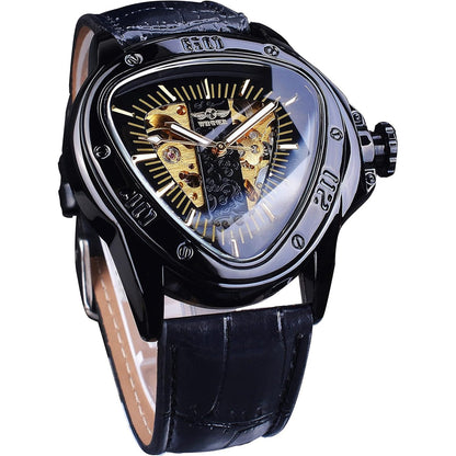 Winner Fashion Mechanical Wrist Watch Triangle Racing Dial, Waterproof Golden Skeleton Dial Automatic Movement Leather Design Mechanical Watch for Men