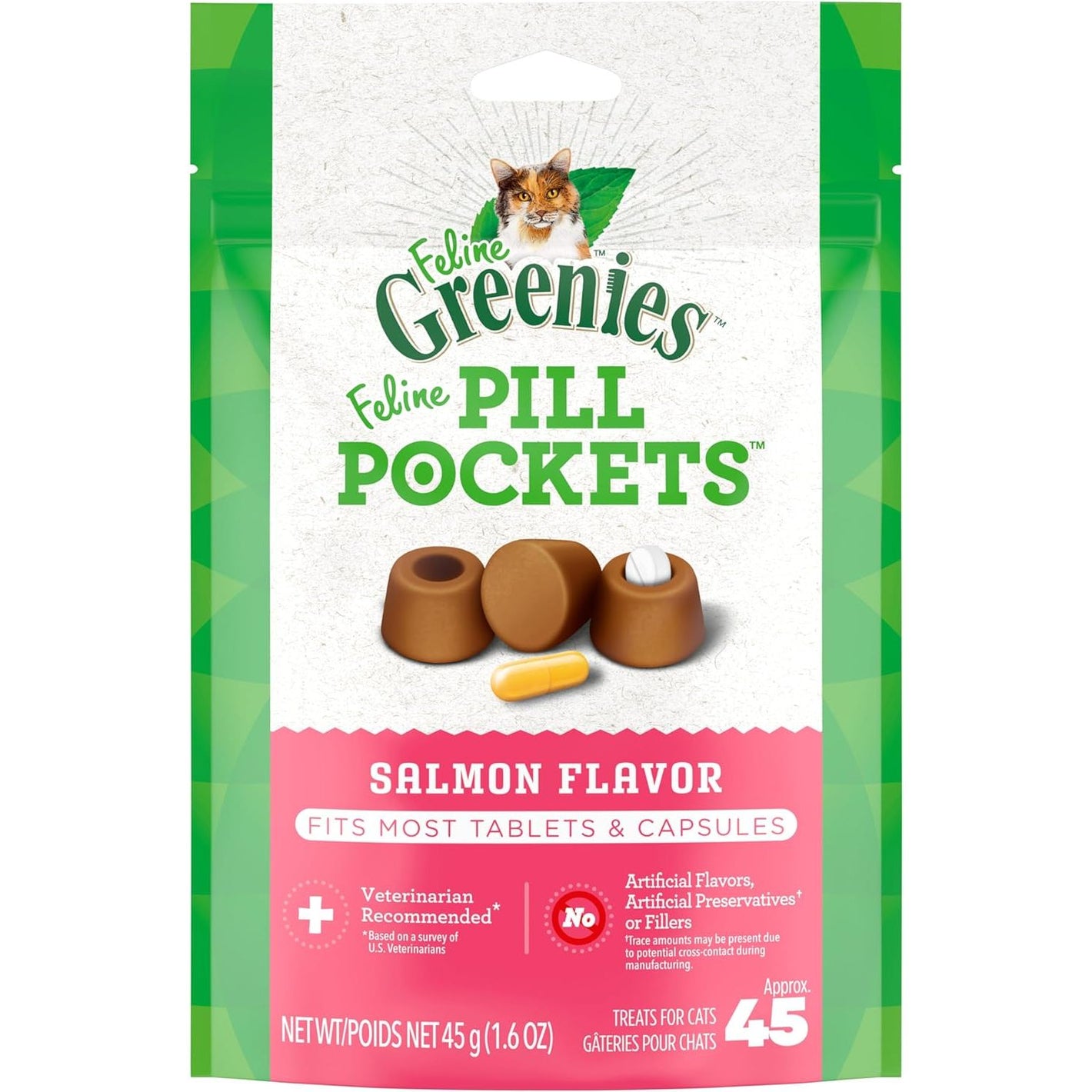 Greenies Feline Pill Pockets for Cats Natural Soft Cat Treats, Salmon Flavor, 1.6 oz. Pouch (45 Treats)