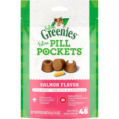 Greenies Feline Pill Pockets for Cats Natural Soft Cat Treats, Salmon Flavor, 1.6 oz. Pouch (45 Treats)