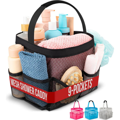 Masirs Mesh Shower Caddy - 9 Pocket Portable Bathroom Organizer Tote for Travel, Gym & Dorm - Collapsible Small Shower Caddy Bag to Hold Toiletries & Essentials (Gray)