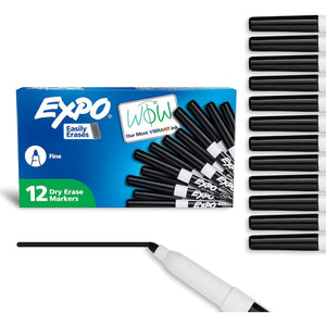 EXPO Dry Erase Markers, Low Odor Ink, Black, Fine Tip, 12 Count - Easily Erases, Vibrant Ink, Ideal for Classroom, Back to School Supplies, Teachers, Office, Whiteboard & Home