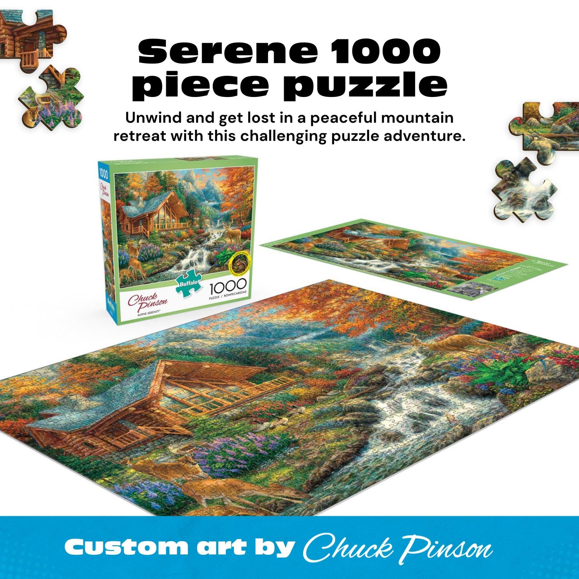 Buy now Buffalo Games - Alpine Serenity - Chuck Pinson - 1000 Piece Autumn Jigsaw Puzzle for Adults - Fall Mountain Cabin Scene - Challenging Puzzle for Game Nights - Finished Size 26.75 x 19.75 - Made in USA at indiglob india