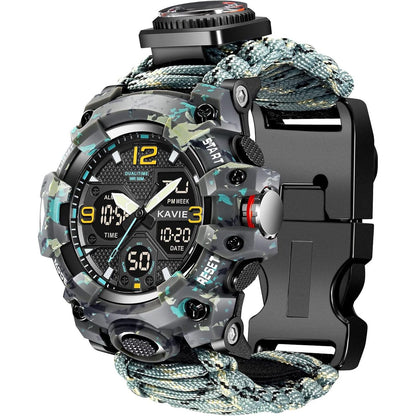 23-in-1 Survival Military Digital Watch, Mens Tactical Multi-Functional and Adjustable Wristband Outdoors Waterproof Sports Dual Dial Watches with Compass Paracord Band