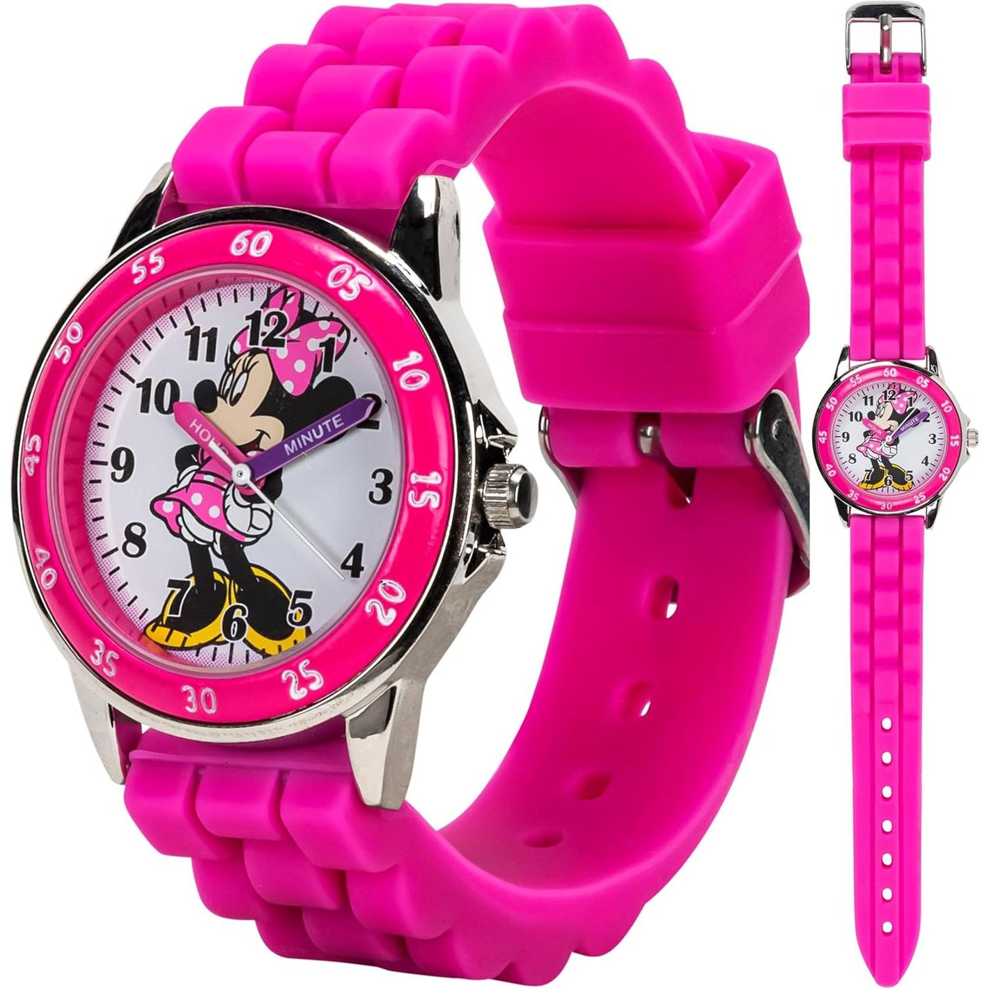 Minnie Mouse Time Teacher Watch for Girls - Analog Time Learning with Easy-to-Read Numbers and Comfortable Silicone Band