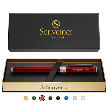 Buy now Scriveiner Black Lacquer Rollerball Pen - Stunning Luxury Pen, Real Gold Plating, Schmidt Ink Refill, Best Roller Ball Gift Set for Men & Women, Professional, Executive Office, Nice Pens Crimson Red with Chrome (Personalized) at indiglob india