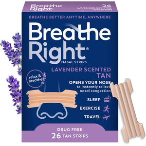 Breathe Right Nasal Strips Lavender Scent Extra Strength Tan Nasal Strips Help Stop Snoring Drug-Free Snoring Solution & Nasal Congestion Relief Caused By Colds & Allergies 26ct (packaging may vary)