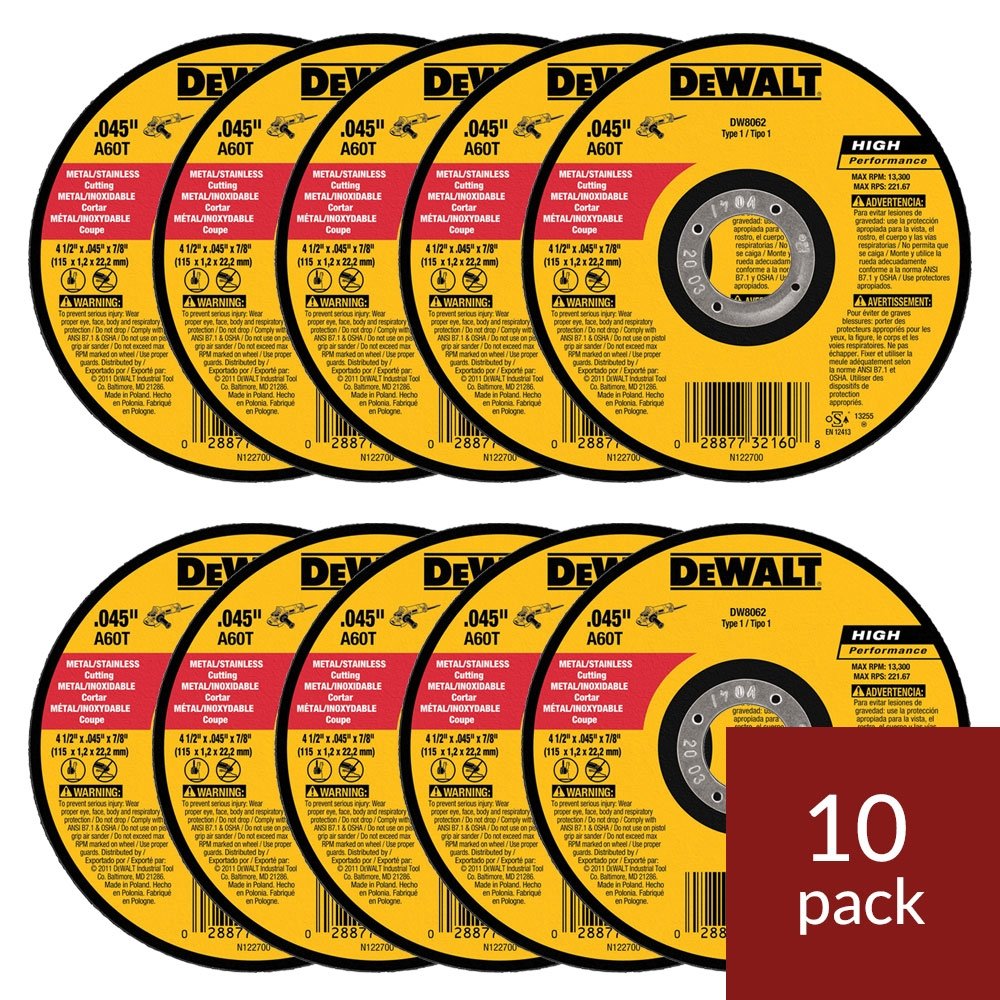 Buy now DeWalt DW8062 4-1/2"x.045"x7/8" Metal Angle Grinder Thin Cutoff Wheel, 10 Pack at indiglob india