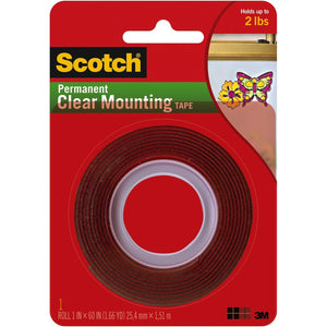 Scotch Mounting, Fastening & Surface Protection Permanent Clear Mounting Tape, holds up to 2 pounds, 1" x 60", 1 Roll, Model:4010