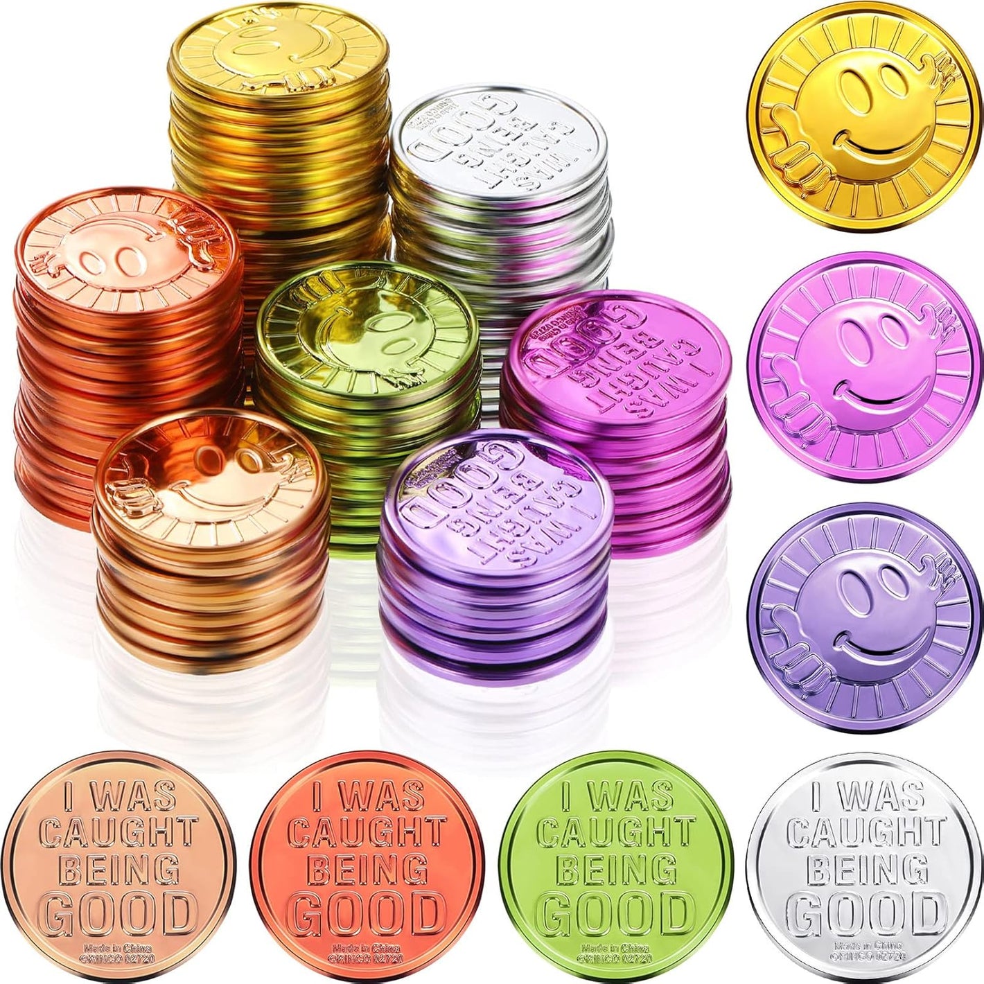 Civaner 100 Pcs Kids Caught Being Good Coins Smile Face Behavior Tokens Classroom Behavior Incentive Plastic Coins Gift Reward Tokens for School Student Prize Play Counting Party Supplies