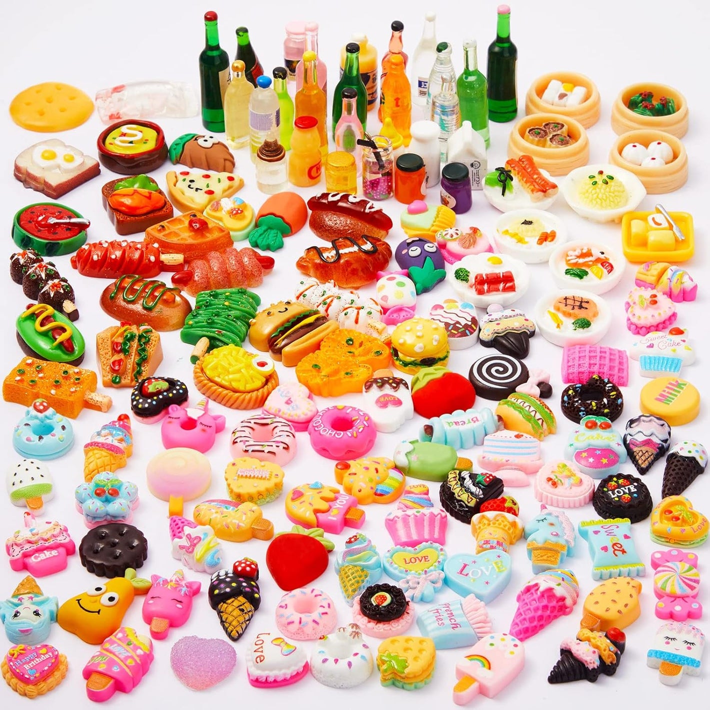 150 Pieces Miniature Food Dollhouse Miniature Food Drink Bottle Toy Assorted Pretend Foods Dollhouse Accessories Mixed Resin Kitchen Food Toy Hamburger Cake Ice Cream Pizza Bread for Adults Teenagers