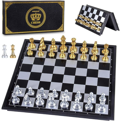 AMEROUS 10'' Magetic Travel Chess Set, Plastic Portable Folding Chess Board Game with Gold and Silver Chess Pieces - 2 Extra Queens - Chess for Beginner, Kids, Adults