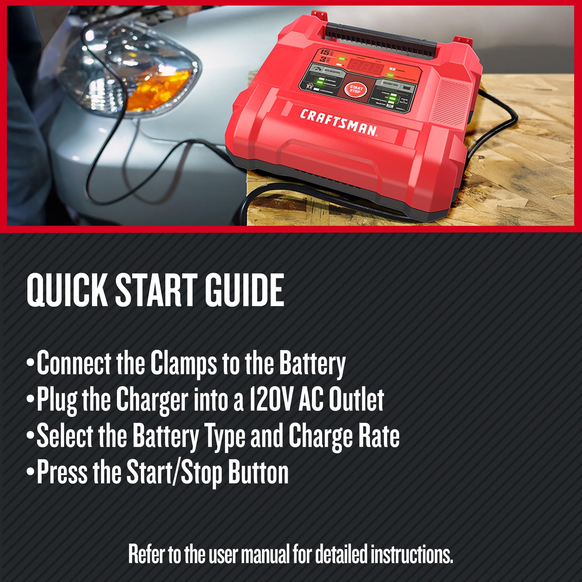 Buy now CRAFTSMAN 15A Car Battery Charger and Battery Maintainer, 4-in-1 Solution, for 6V/12V Power Sport, Automotive, and Marine Batteries, CMXCESM162 at indiglob india