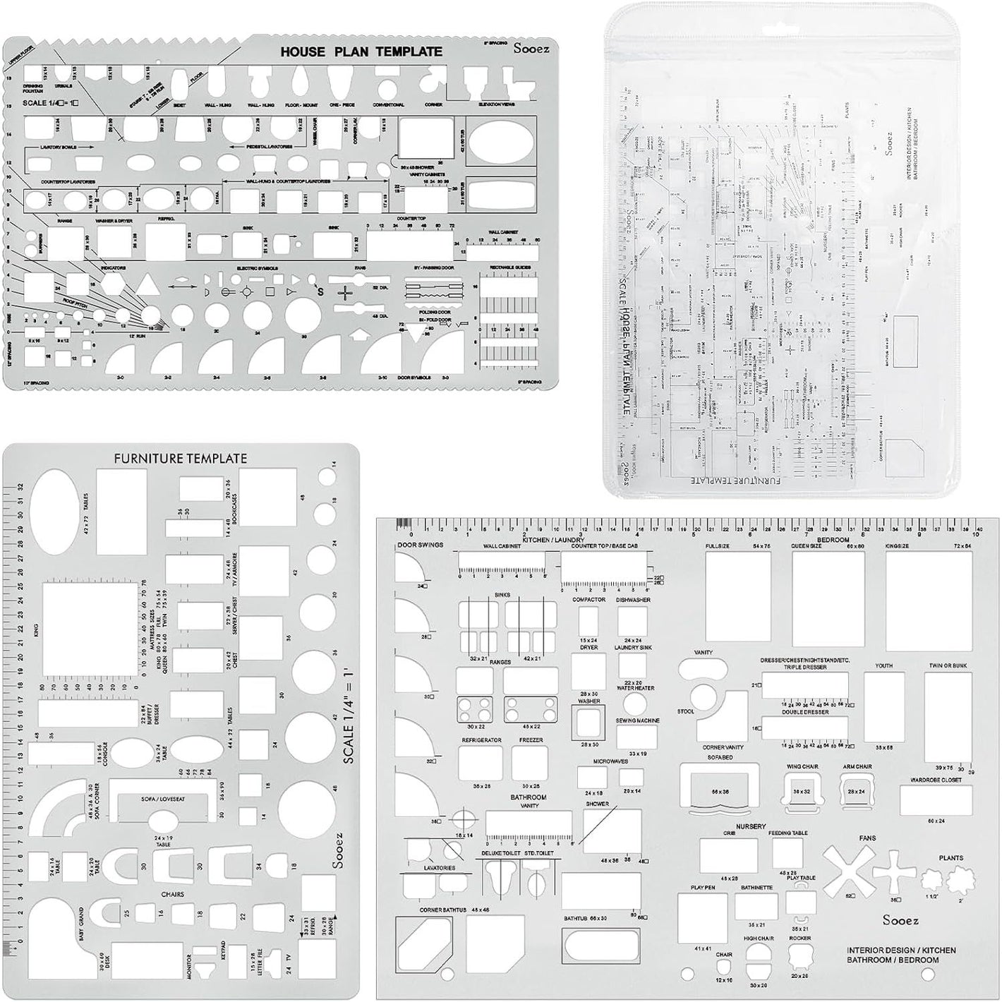 Sooez Architectural Templates, House Plan, Interior Design and Furniture Template, Drafting Tools and Supplies - Set of 3