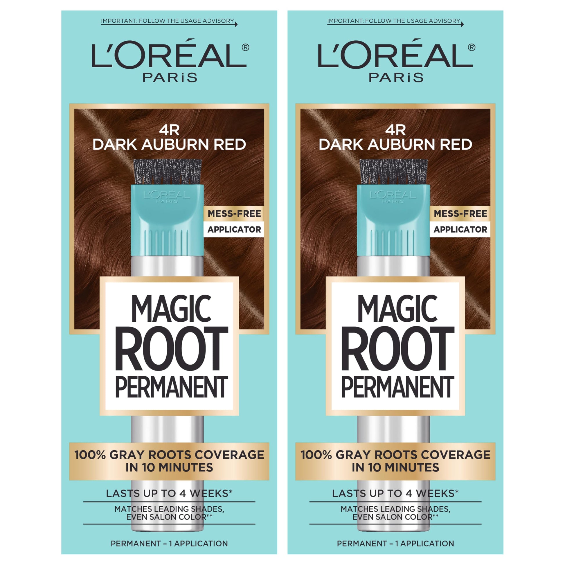 Buy now L'Oreal Paris Magic Root Rescue 10 Minute Root Hair Coloring Kit, Permanent Hair Color with Quick Precision Applicator, 100 percent Gray Coverage, 4 Dark Brown, 2 count 4R Dark Auburn Red 1 Count (Pack of 2) at indiglob india