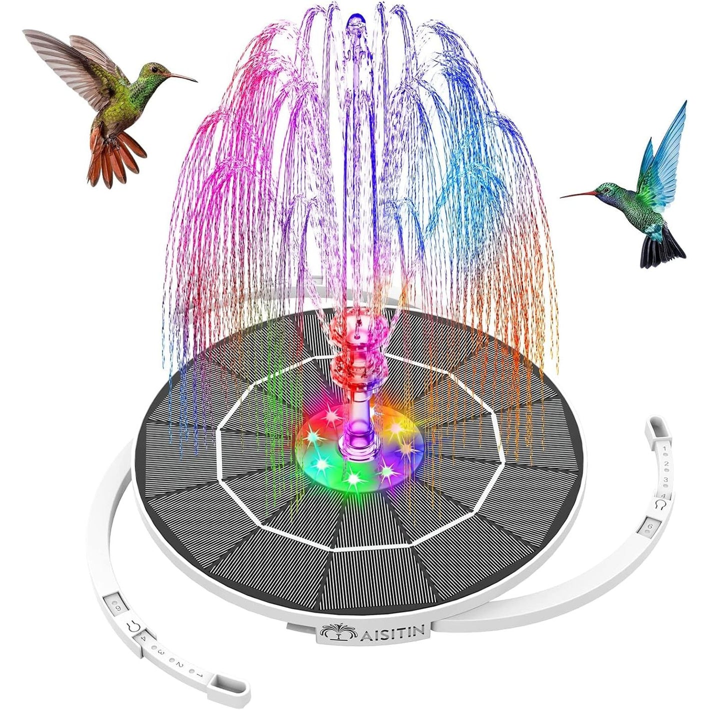 Buy now AISITIN 3.5W Solar Fountain Pump, LED Lighting Solar Water Pump Floating Fountain with 6 Nozzles, 1500mAh Battery Backup for Bird Bath, Fish Tank, Pond or Garden Decoration Solar Aerator Pump at indiglob india