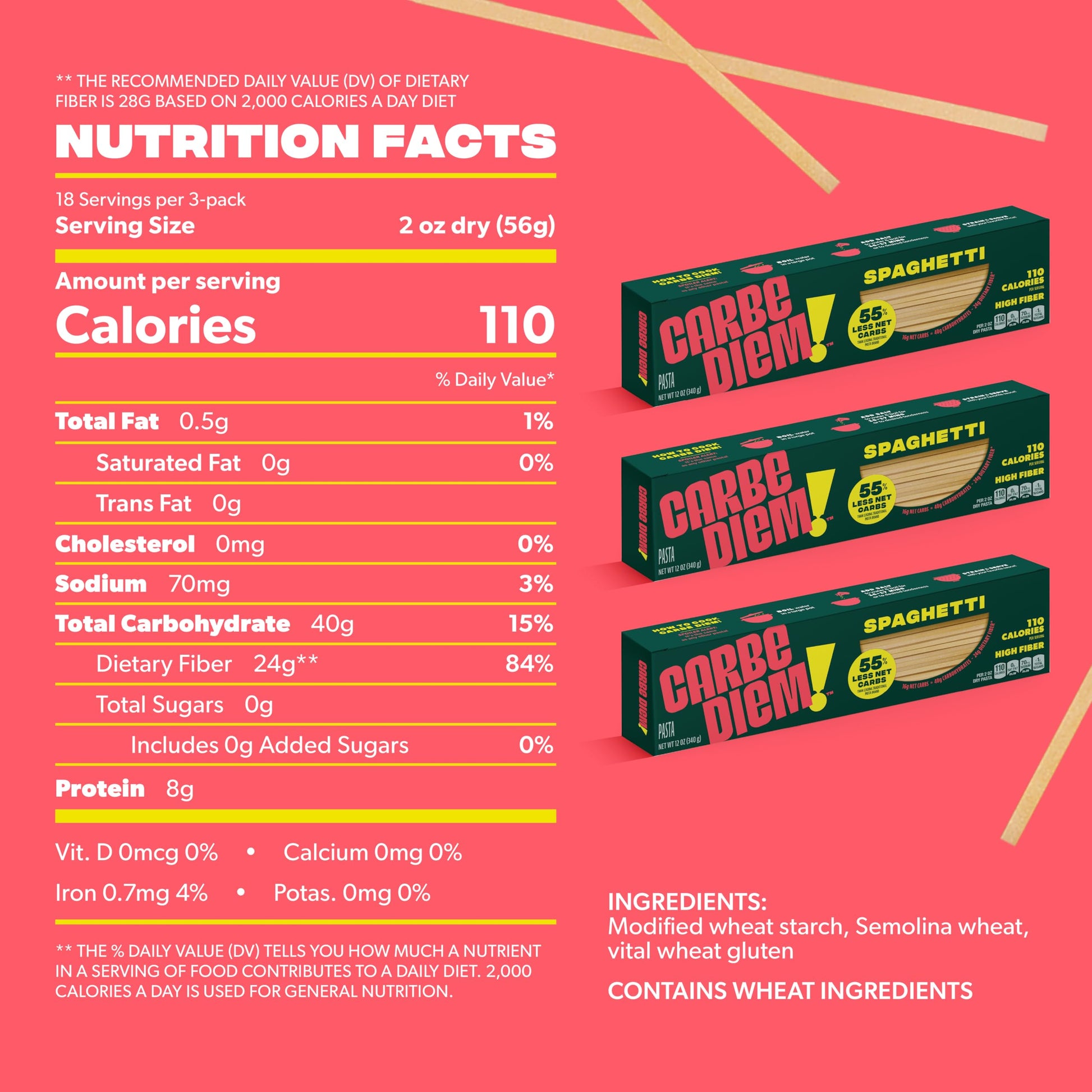 Buy now Carbe Diem!, Spaghetti, Lower Net Carb Pasta with Traditional Flavor & Texture, 8 grams of Protein, 55% Fewer Net Carbs & Only 110 Calories Per Serving, Pack of 3 at indiglob india