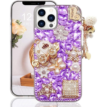 Guppy for iPhone 14 Pro Max Bling Glitter Case,Luxury Diamond Rhinestone Gemstone 3D and Flower Gemstone Pumpkin Car Tower Pendant Pearl Soft TPU Back Cover Case for Women Pink