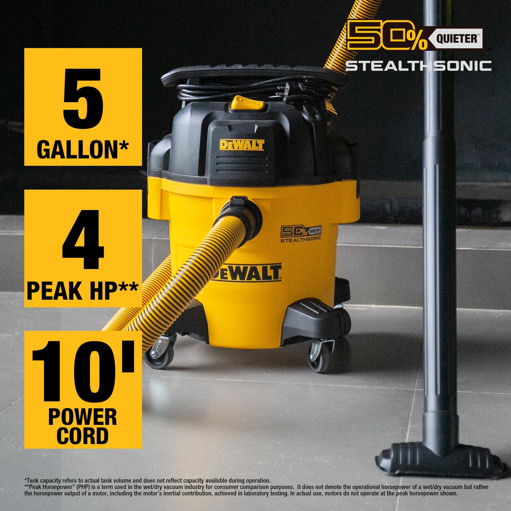 Buy now DEWALT Shop Vacuum 5-Gallon 4 HP STEALTHSONIC Wet/Dry Vacuum Cleaner DXV05P-QTB with 6 Dust Bags Ultra Quiet Poly Shop Vacuum with Powerful Suction for Garage, Jobsite, and Workshop at indiglob india