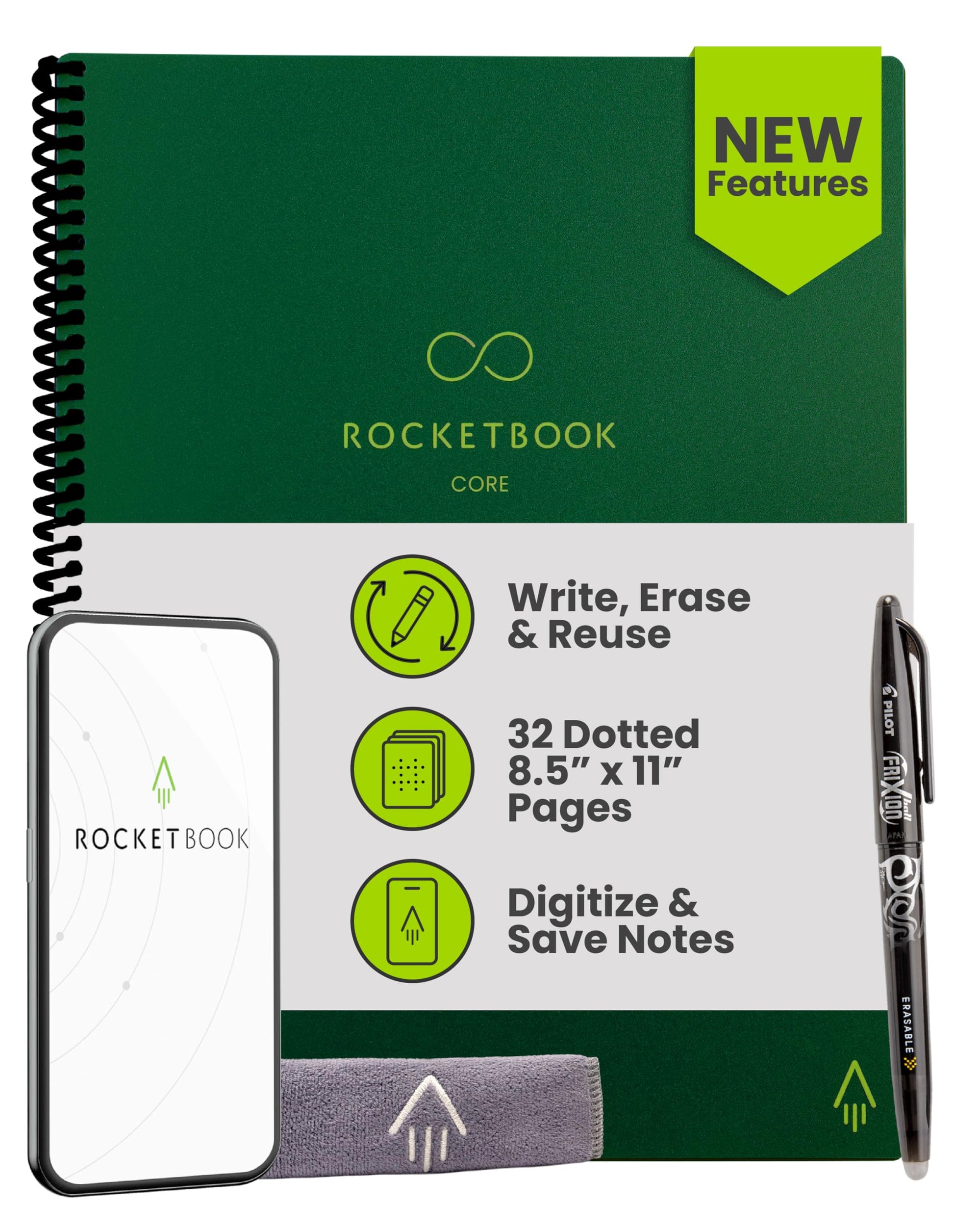 Buy now Rocketbook Core Reusable Spiral Notebook, Letter Size 8.5x11, Black - Dotted Pages, App-Connected, Erasable, Durable Cover, Ideal for School, Work, and Creative Projects Premium Letter Green at indiglob india