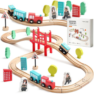 Tiny Land Wooden Train Set for Toddler - 39 Pcs- with Wooden Tracks Compatible with Major Brands - Expandable, Changeable-Train Toy for 3 4 5 Years Old Girls & Boys
