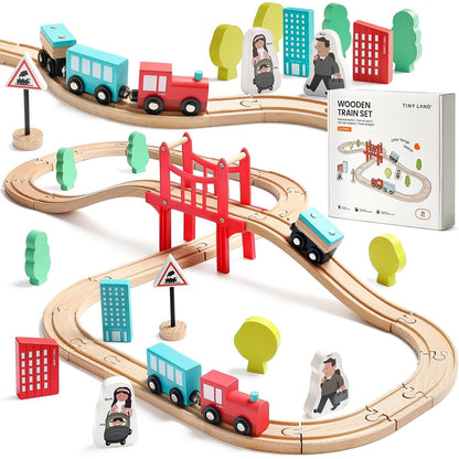 Tiny Land Wooden Train Set for Toddler - 39 Pcs- with Wooden Tracks Compatible with Major Brands - Expandable, Changeable-Train Toy for 3 4 5 Years Old Girls & Boys