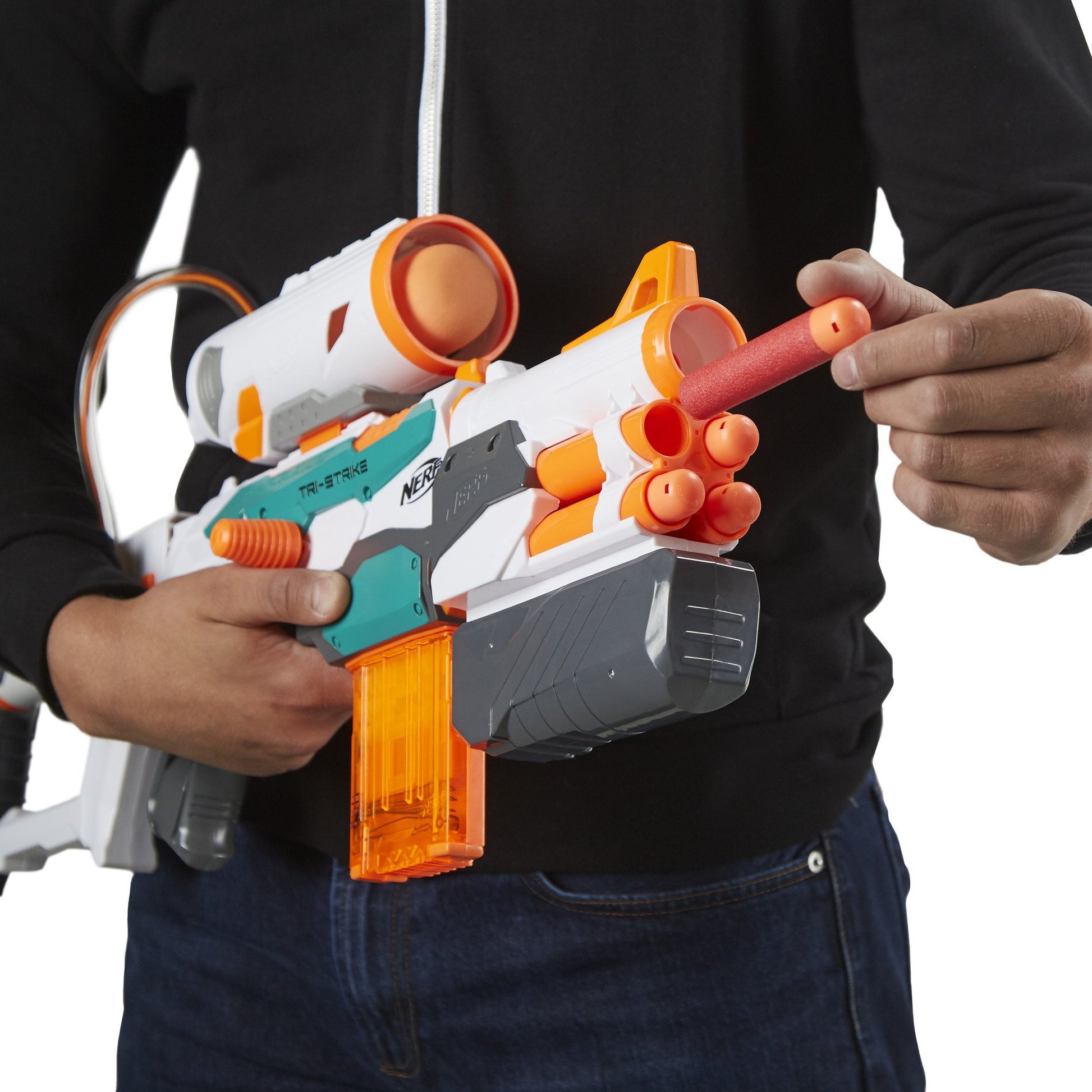 Buy now Nerf Modulus Tri-Strike Blaster, Mega Barrel, Rocket Launcher, Clip, 1 Rocket, Kids Outdoor Games (Amazon Exclusive) at indiglob india