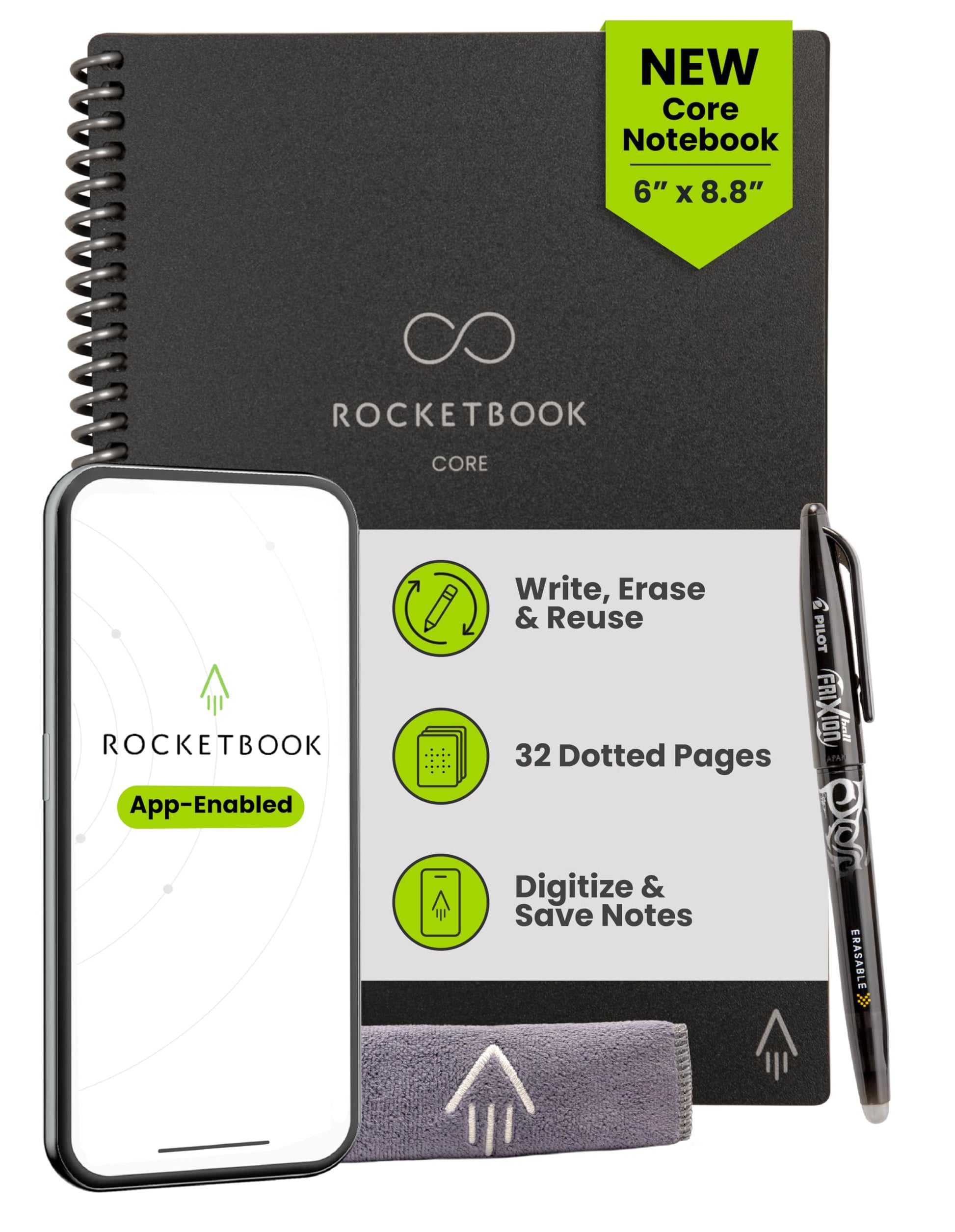 Buy now Rocketbook Core Reusable Spiral Notebook, Letter Size 8.5x11, Black - Dotted Pages, App-Connected, Erasable, Durable Cover, Ideal for School, Work, and Creative Projects at indiglob india
