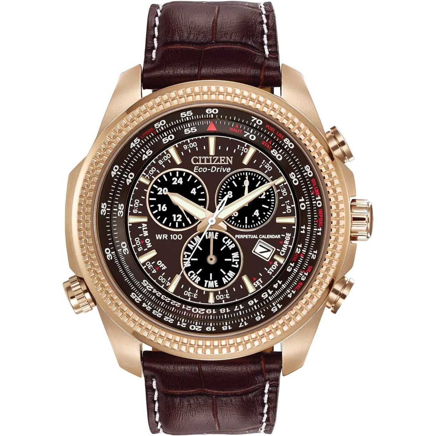 Buy now Citizen Men's Eco-Drive Weekender Brycen Chronograph Watch in Gold-tone Stainless Steel, Brown Leather strap (Model: BL5403-03X) at indiglob india