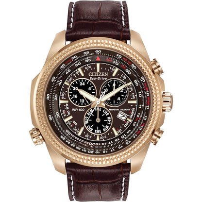 Citizen Men's Eco-Drive Weekender Brycen Chronograph Watch in Gold-tone Stainless Steel, Brown Leather strap (Model: BL5403-03X)