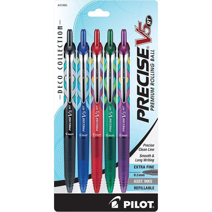 Pilot Precise V5 RT Refillable & Retractable Rolling Ball Pens, Extra Fine Point Pens, 0.5 mm, Assorted, Pack of 5 - Ideal for School, Journaling & Office Writing