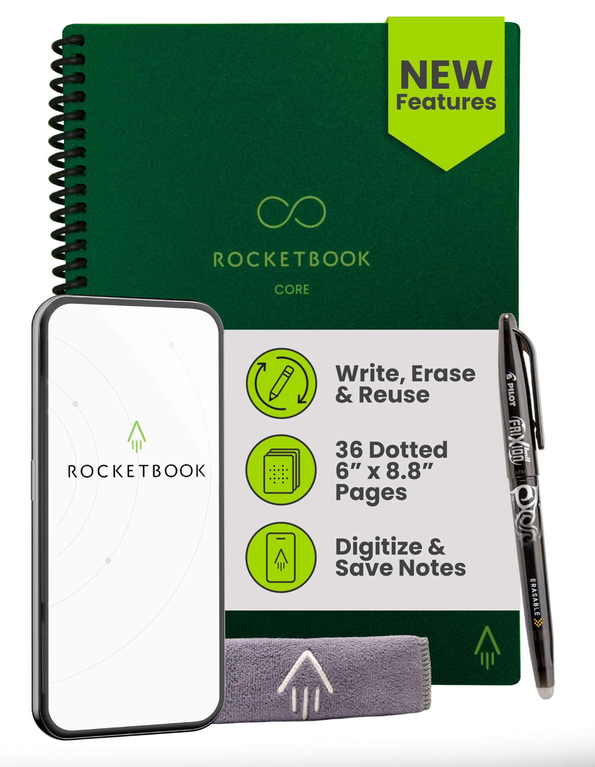 Buy now Rocketbook Core Reusable Spiral Notebook, Letter Size 8.5x11, Black - Dotted Pages, App-Connected, Erasable, Durable Cover, Ideal for School, Work, and Creative Projects Premium Executive Green at indiglob india