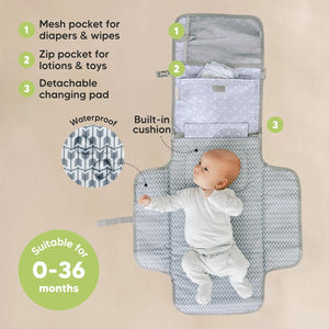KeaBabies Portable Diaper Changing Pad - Large Waterproof Baby Changing Mat, Compact Travel Diaper Clutch, Functional Pockets Fit Newborn Essentials, Wipeable & Padded Baby Changer (Gray Mod)
