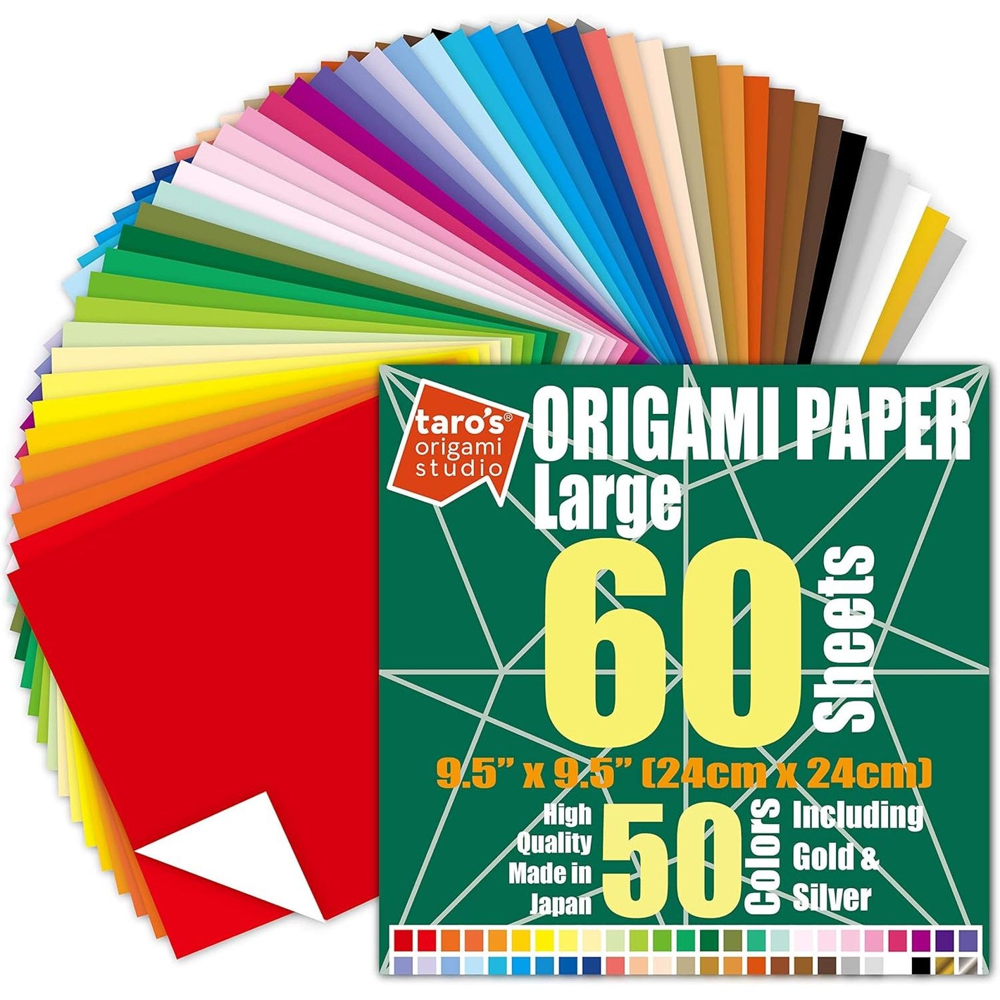 [Taro's Origami Studio] Large 9.5 Inch One Sided 50 Colors 60 Sheets Square Easy Fold Premium Japanese Paper for Beginner (Gold and Silver Included)