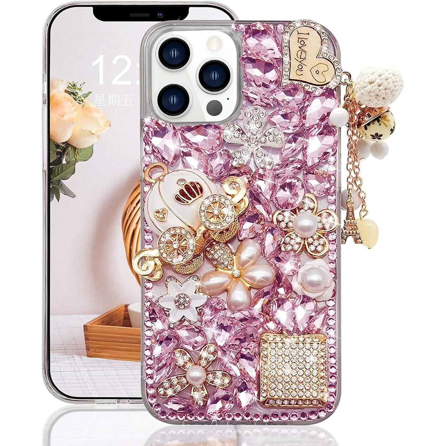 Guppy for iPhone 14 Pro Max Bling Glitter Case,Luxury Diamond Rhinestone Gemstone 3D and Flower Gemstone Pumpkin Car Tower Pendant Pearl Soft TPU Back Cover Case for Women Pink